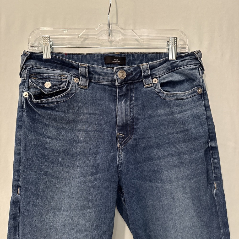 True Religion Jeans Womens 33 Blue Joey Mid Rise Flare Flap Pockets Stretch